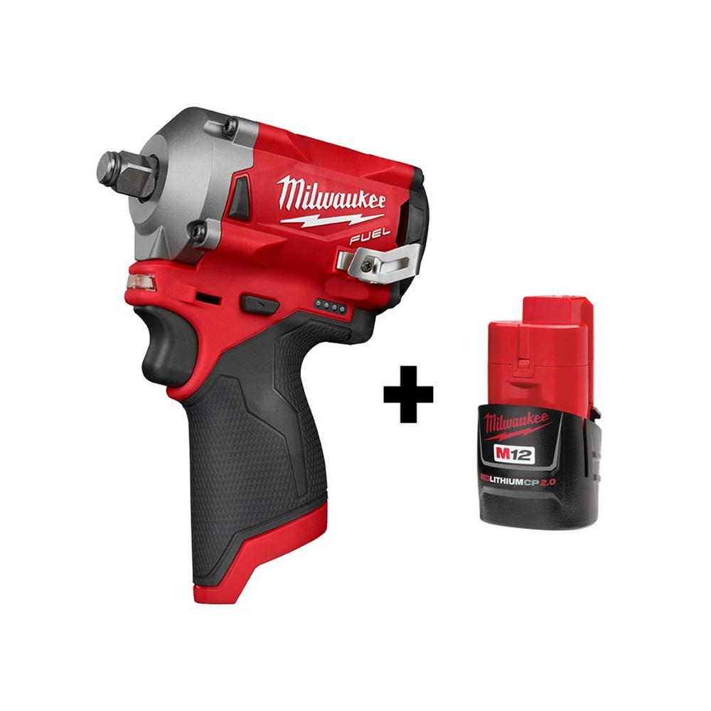$179, Milwaukee M12 FUEL 12-Volt Lithium-Ion Brushless Cordless Stubby 1/2 in. Impact Wrench with M12 2.0Ah Battery-2555-20-48-11-2420 - The Home Depot $179