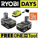 2-Pack Ryobi One+ 18V 4.0 Ah Battery/Charger Kit + Select Free Ryobi One+ Tool $99 &amp; More + Free Shipping