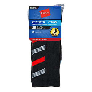 3-Pairs Hanes Men's Cool DRI Ventilated Socks: Ankle or Crew (Black or White) $3.50 