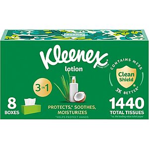 8-Pack 180-Count Kleenex 3-Ply Facial Tissues w/ Coconut Oil .30 & More w/ Subscribe & Save