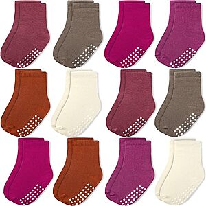 12-Pairs JAKIDAR Non-Slip Grip Cotton Crew Socks for Kids (Various) $7.50