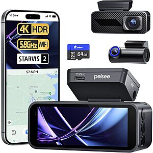 Pelsee P1 Pro 4K Front & 1080p Rear Dash Cam w/ STARVIS 2 Sensor + Free S&H