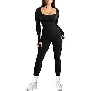 Popilush Women's Long Sleeve Jumpsuit w/ Built-In Bra + Free S&H