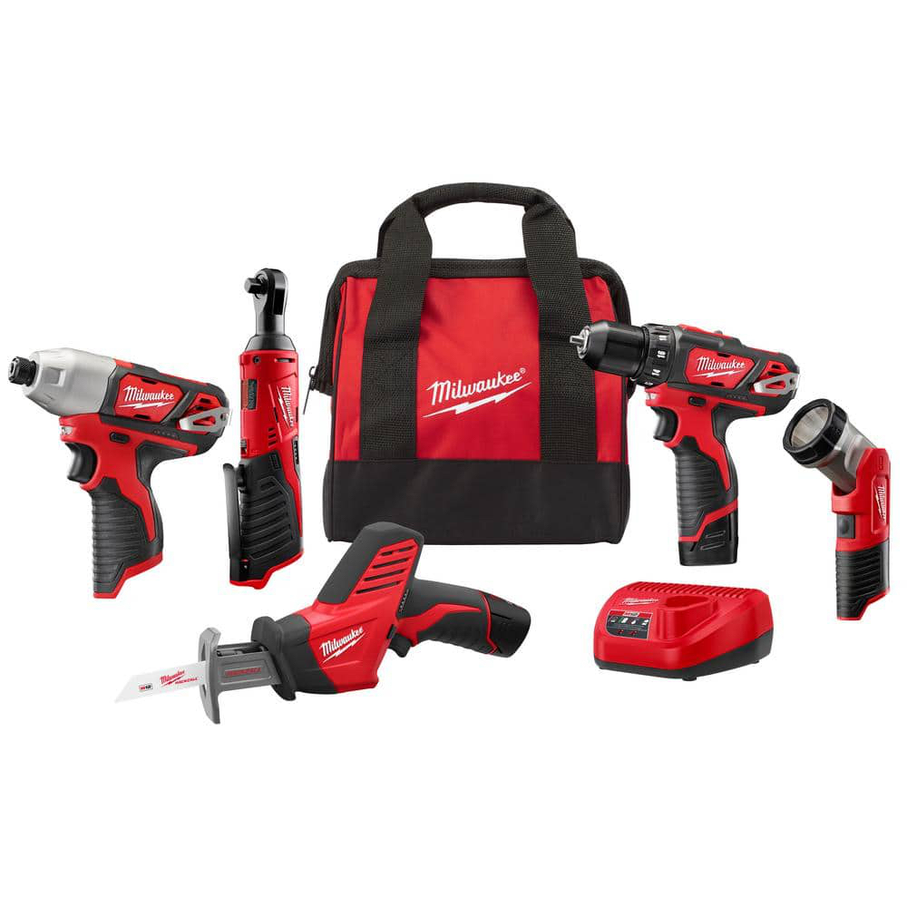 Milwaukee M12 12V Lithium-Ion Cordless Combo Kit (5-Tool) with Two 1.5 Ah Batteries, Charger and Tool Bag 2498-25H - $199.00