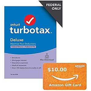 TurboTax 2020 Tax Software (PC or Mac Digital Download): Deluxe + $10 Amazon Gift Card $30 ...