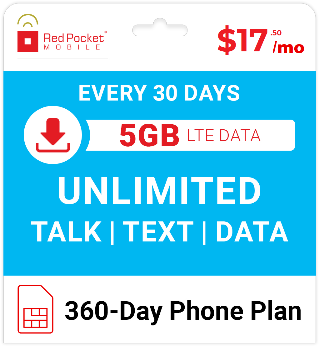 360 Day Red Pocket Prepaid Plan Unlimited Talk Text 5gb Data