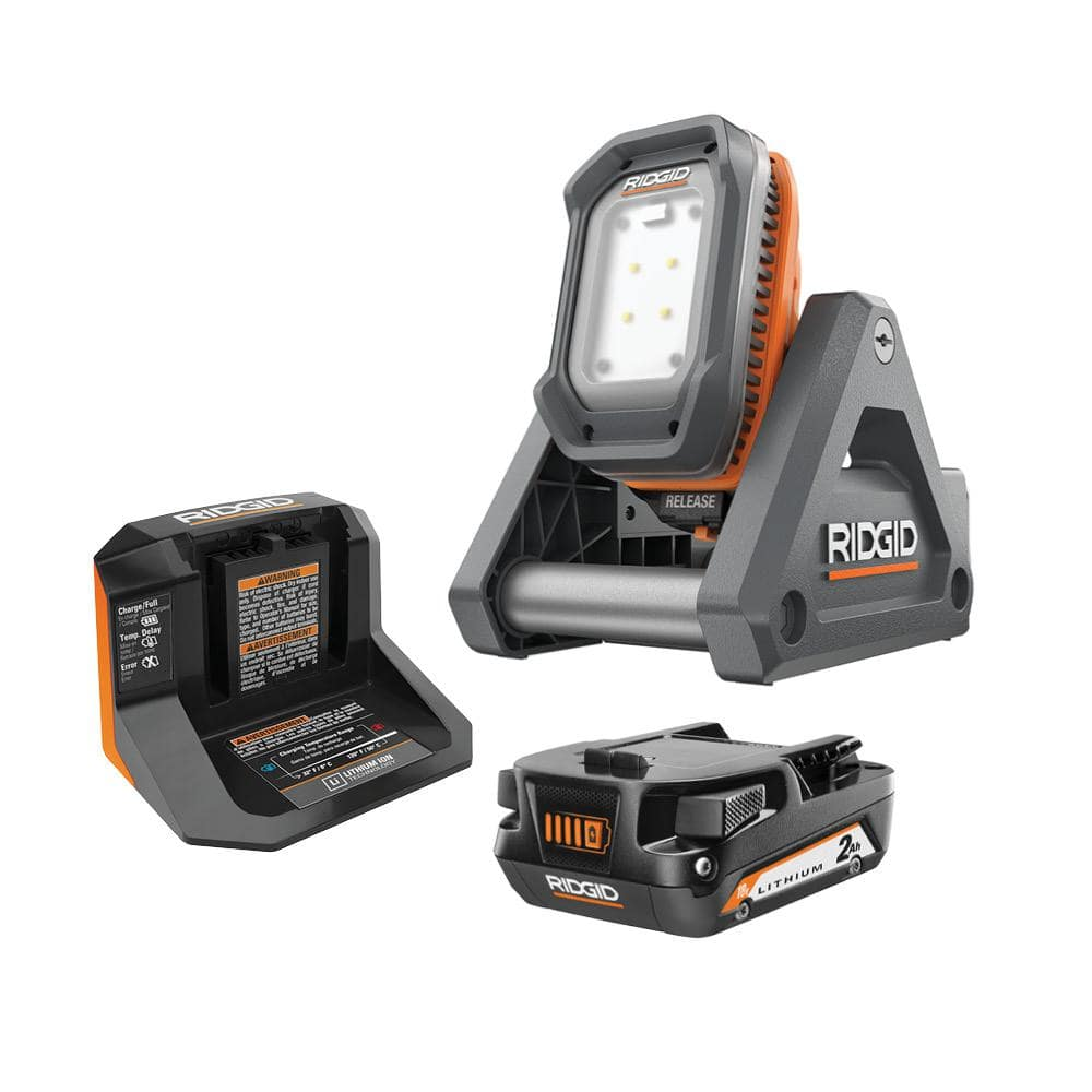 RIDGID 18V Cordless Flood Light Kit with Detachable Light with 2.0 Ah Lithium-Ion Battery and Charger R8694620KSBN - The Home Depot $99