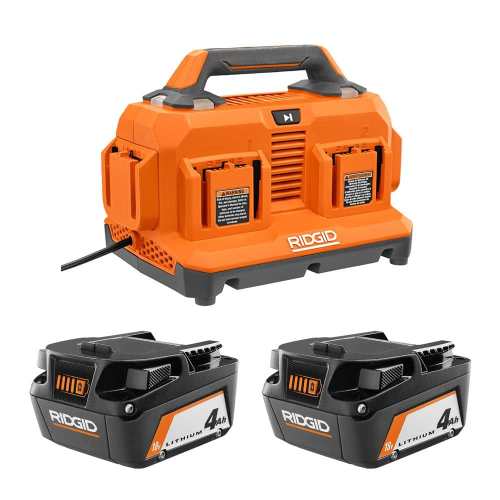 RIDGID 18V 6-Port Sequential Charger with 4.0 Ah Lithium-Ion Battery (2-Pack) AC86096-AC87004P - The Home Depot $179.00