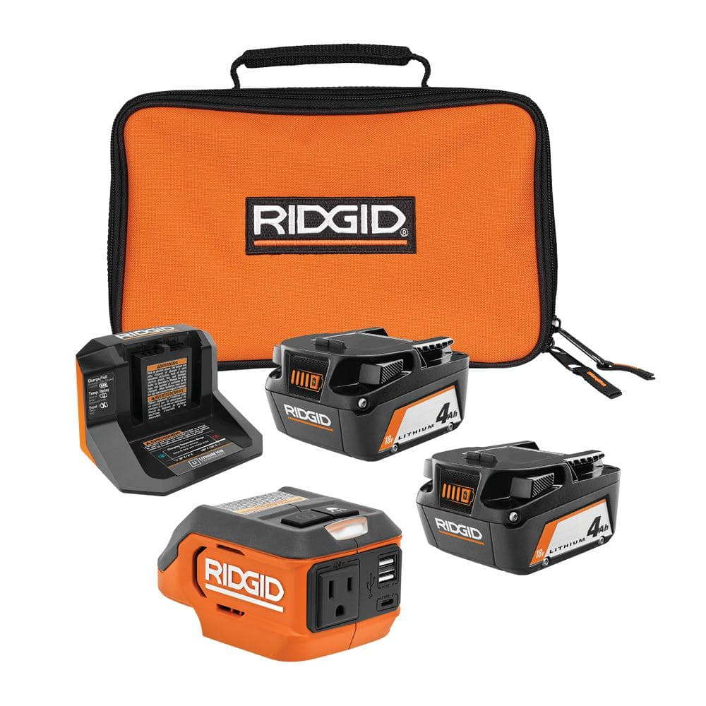 Ridgid 18v cordless 175 watt power inverter with 2 4 0 ah batteries