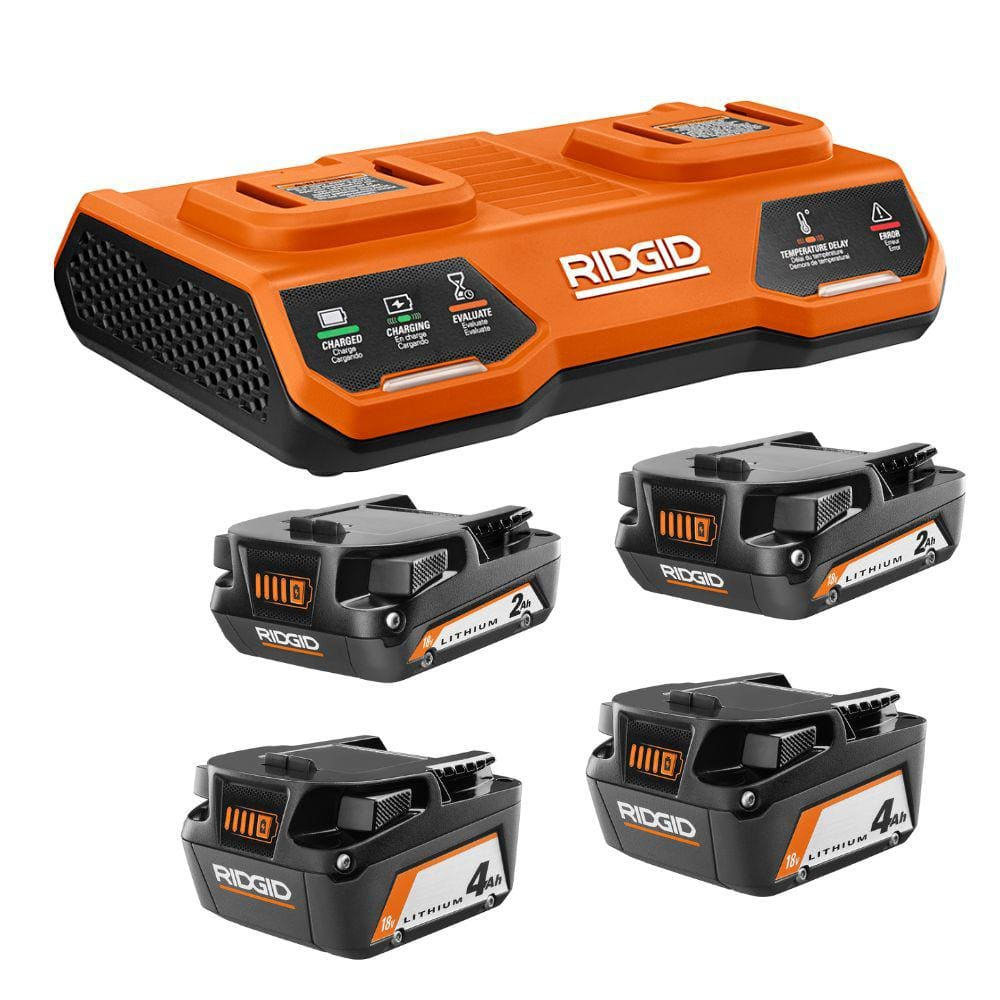 RIDGID 18V Dual Port Simultaneous Charger with (2) 2.0 Ah Batteries, (2) 4.0 Ah Batteries AC86095KSBN - The Home Depot $169.00