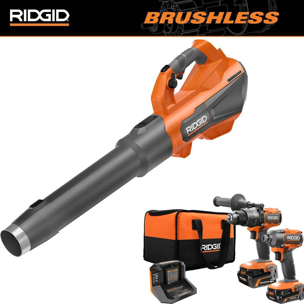 RIDGID 18V Brushless Cordless 510 CFM 110 MPH Blower with 2-Tool Combo Kit, (2) Batteries and Charger R01601B-R9209 - The Home Depot $189