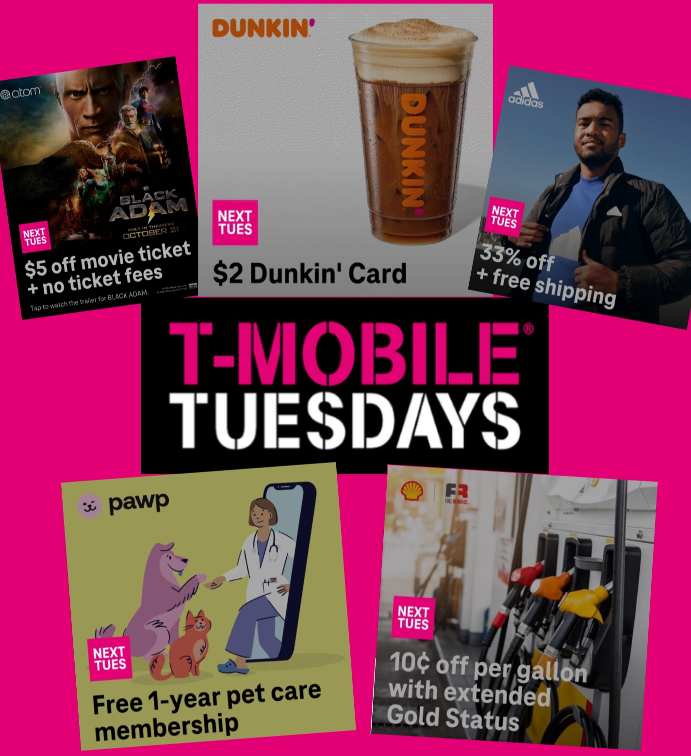 T-Mobile Customers 10/18/22: $2 Dunkin' card, 33% off Adidas, free year of Pawp pet care membership, 10 cents off Shell gas