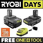 RYOBI ONE+ 18V Li-Ion 2.0 Ah Battery + 4.0 Ah Battery w/ Charger + Bonus Tool $99 + Free Shipping
