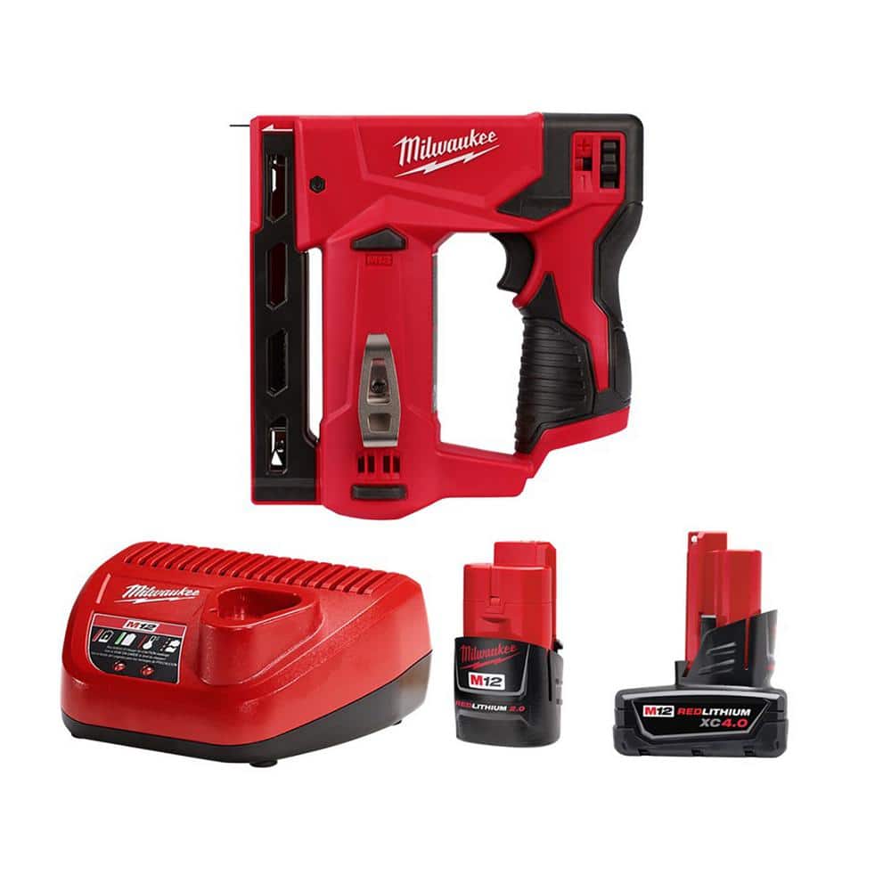 M12 12-Volt Lithium-Ion Cordless 3/8 in. Crown Stapler with One 4.0 Ah and One 2.0 Ah Battery Pack and Charger $129 home depot