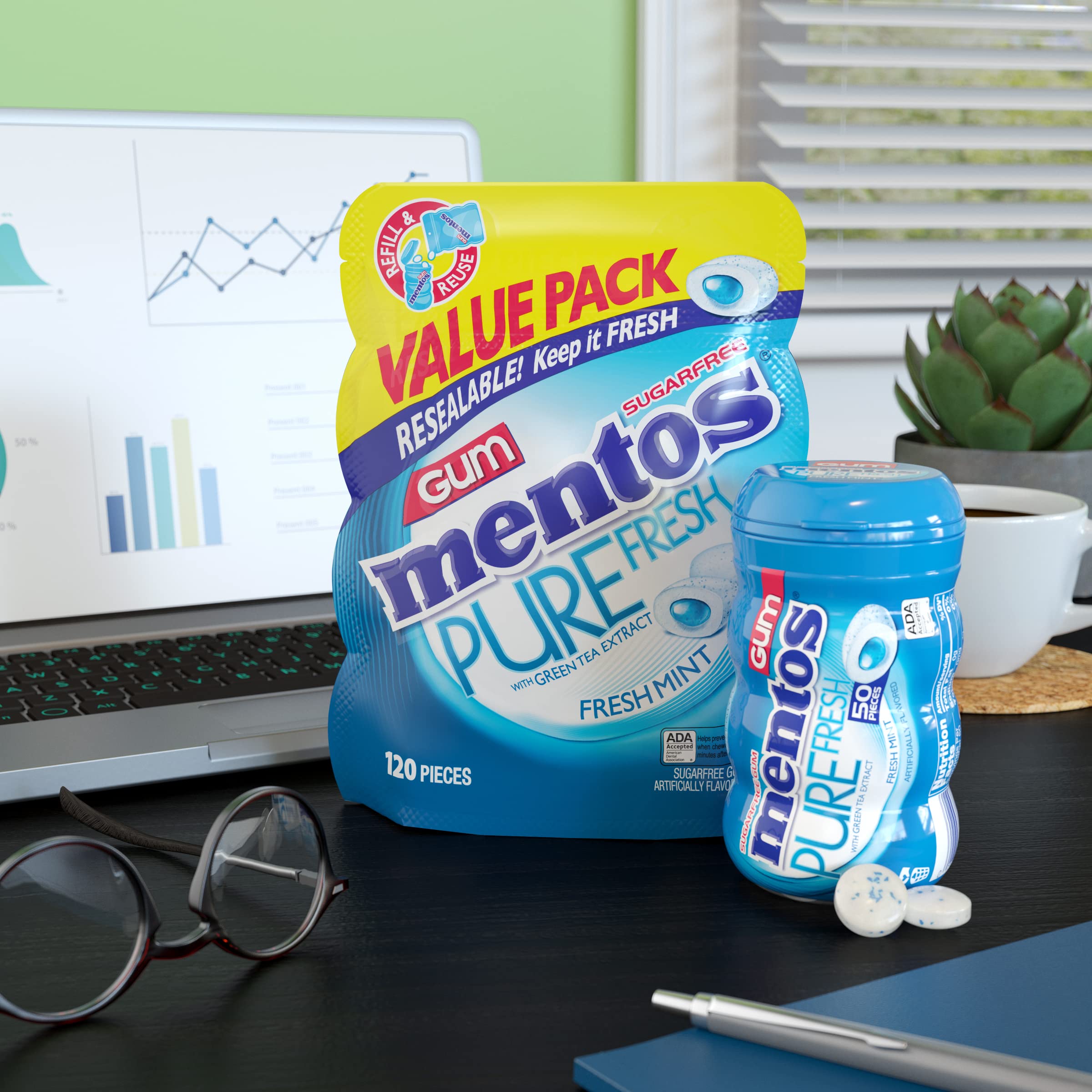 Mentos Pure Fresh Sugar-Free Chewing Gum with Xylitol, Fresh Mint, 120 Piece Bulk Resealable Bag (Pack of 1) $3.8