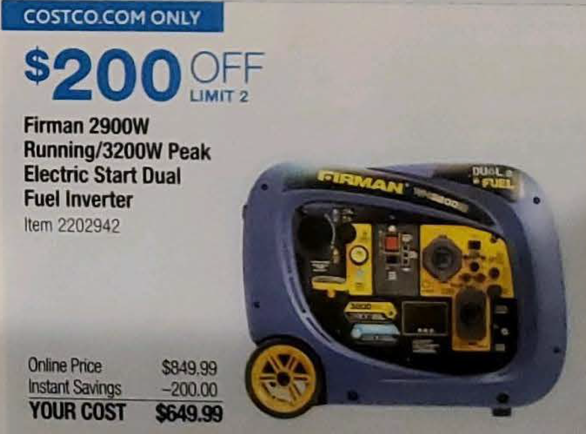 Costco Members: Firman 3200W Gas/Propane Powered Inverter Generator $650 + Free Shipping, November 20-30