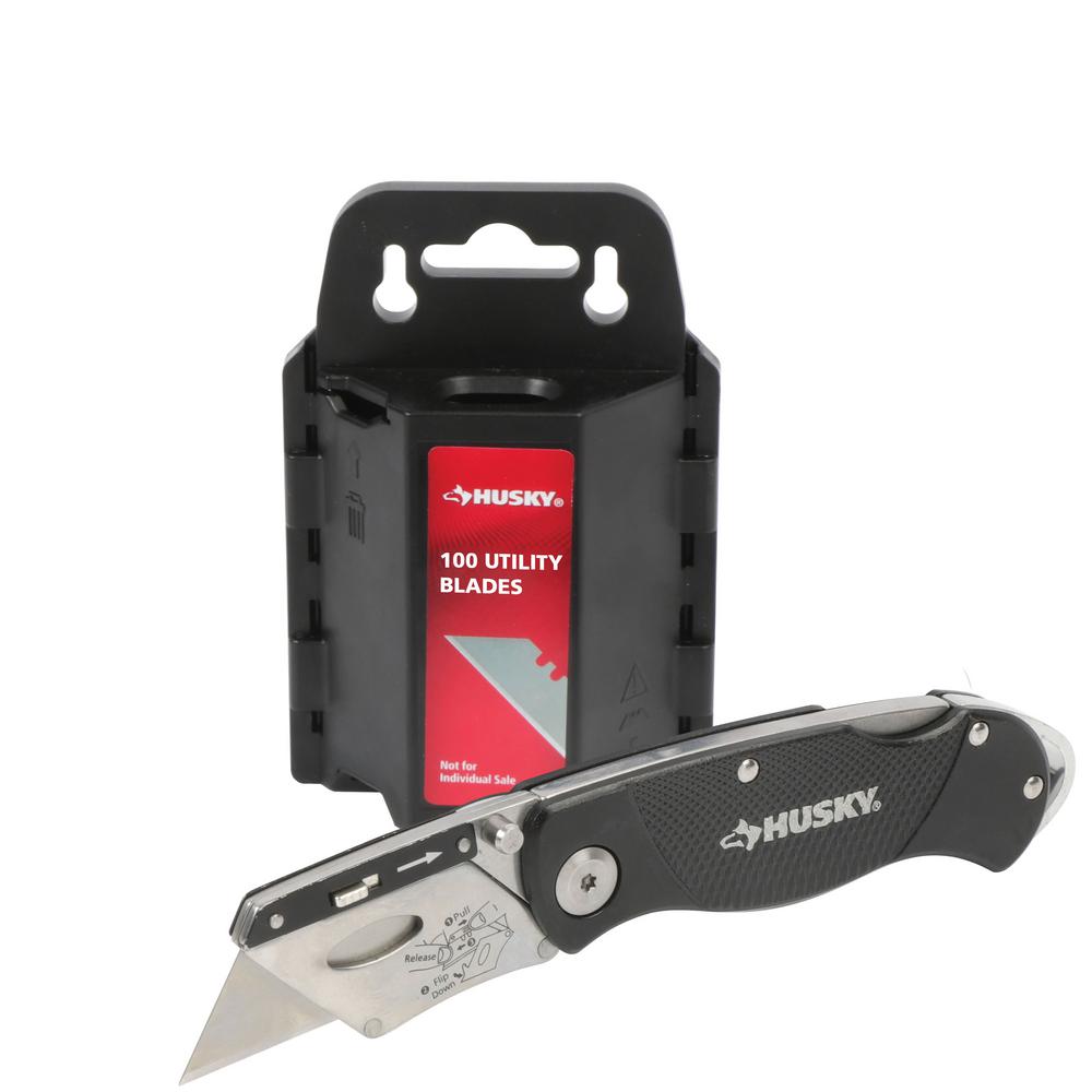 Husky Folding Utility Knife With 100 Pack Blades 5 00 Home Depot