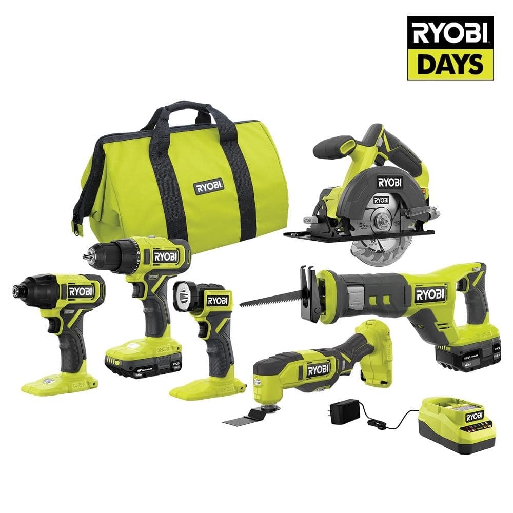 RYOBI ONE+ 18V Cordless 6-Tool Combo Kit with 1.5 Ah Battery, 4.0 Ah Battery, and Charger PCL1600K2 - $199.99