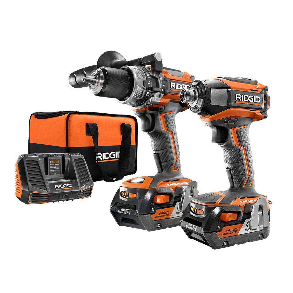 Ridgid 18v Brushless Hammer Drill Driver Combo Kit W 2x 4 0ah Batteries