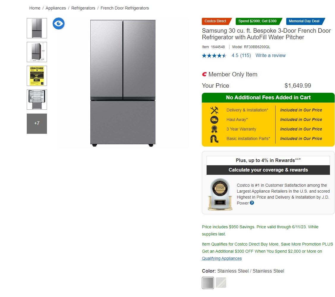 Samsung 30 Cu Ft Bespoke 3 Door French Door Refrigerator With 