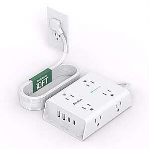 10' 8-Outlet Addtam Flat Plug 1080J Surge Protector w/ 2 USB-C & 2 USB-A Ports $9