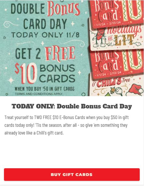 $10 Bonus E-Gift Card for every 50$ in E-Gift Cards