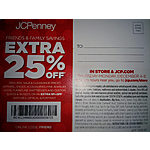JCPenney Extra 25% off Online (in store with coupon) on regular, sale, and clearance priced items (some restrictions apply). Extra 15% off some items
