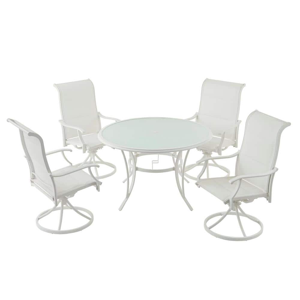 5-Piece Hampton Bay Riverbrook Outdoor Patio Aluminum Round Glass Top Dining Set w/ Padded Sling Swivel Chairs (White) $396 + Free Shipping
