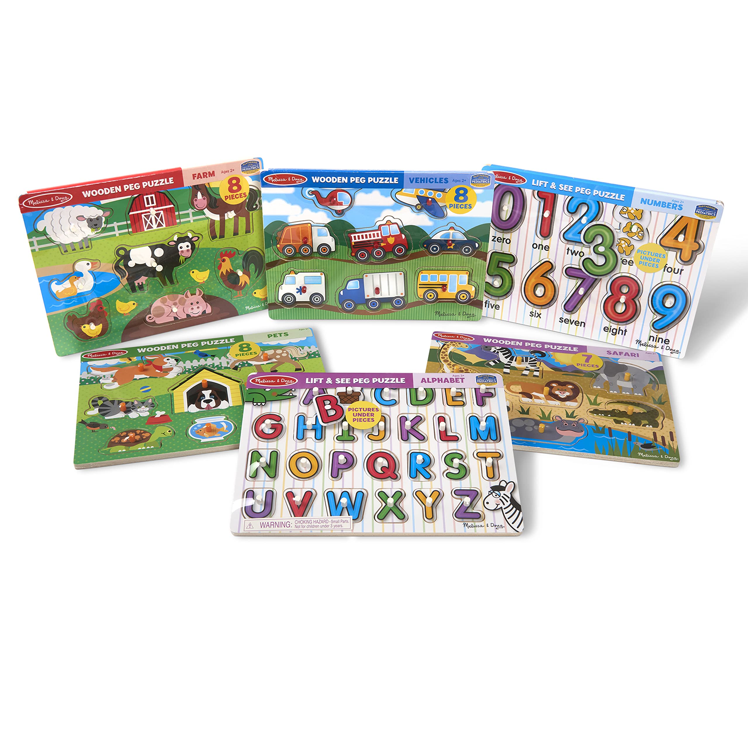 6-Pack Melissa & Doug Kids' Wooden Educational Peg Puzzles of Numbers, Letters, Animals, & Vehicles $30.02 + Free Shipping