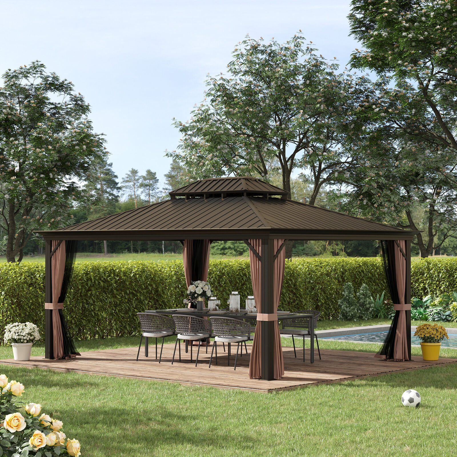 Outsunny 16' x 12' Aluminum Patio Gazebo w/ Mesh Curtains & Double Vented Steel Roof (Brown) $1402.49 + Free Shipping