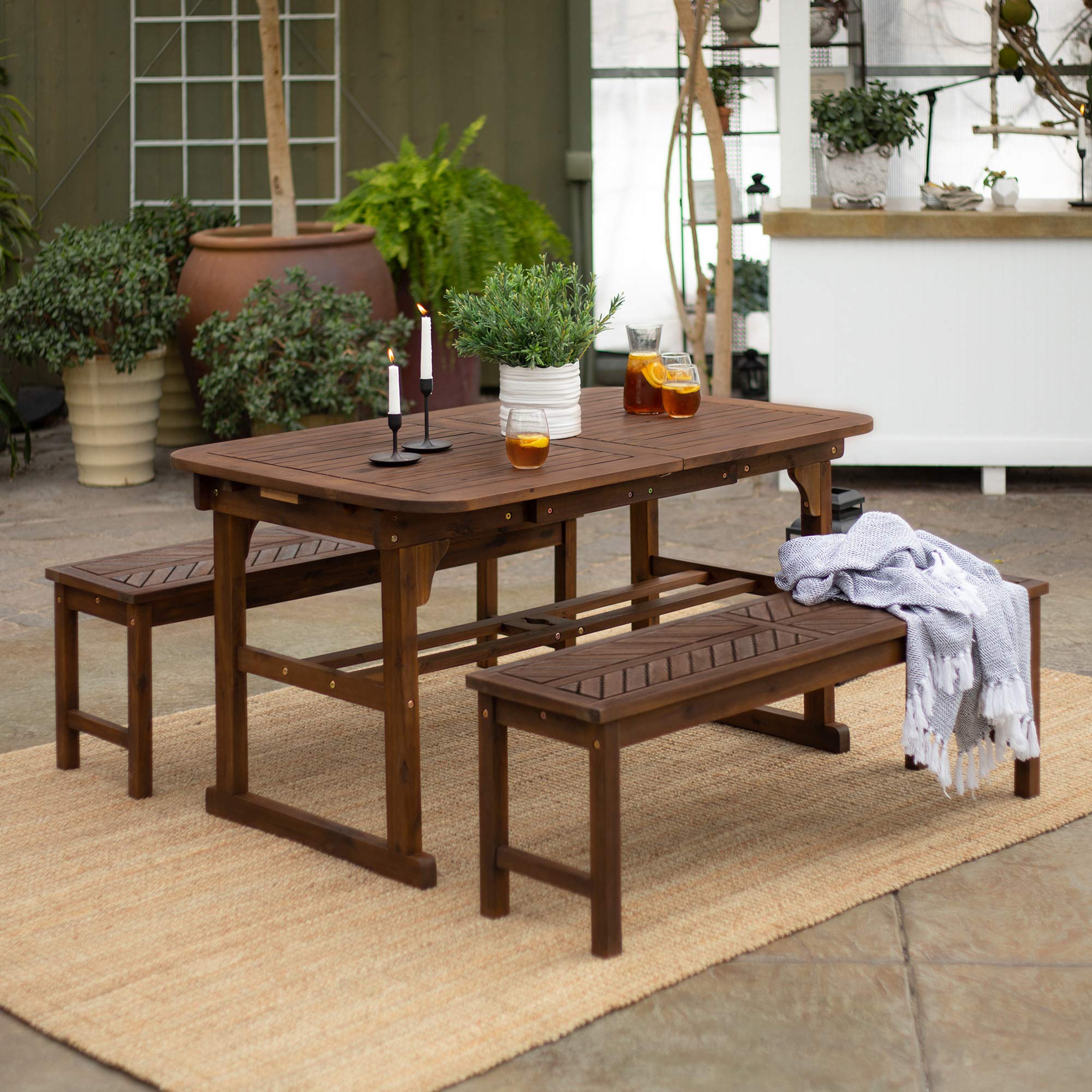 4-Piece Walker Edison Outdoor Patio Dining Extendable Table Set w/ 2 Benches (Dark Brown) $444 + Free Shipping