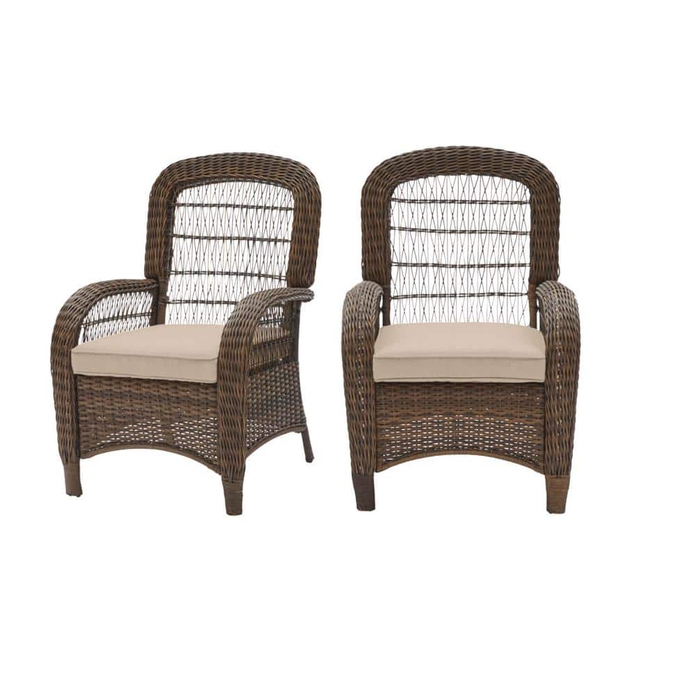 2-Count Hampton Bay Beacon Park Wicker Outdoor Patio Captain Dining Chairs w/ CushionGuard Cushions (Brown or Gray Wicker, Various Color Cushions) $209, More + Free Shipping