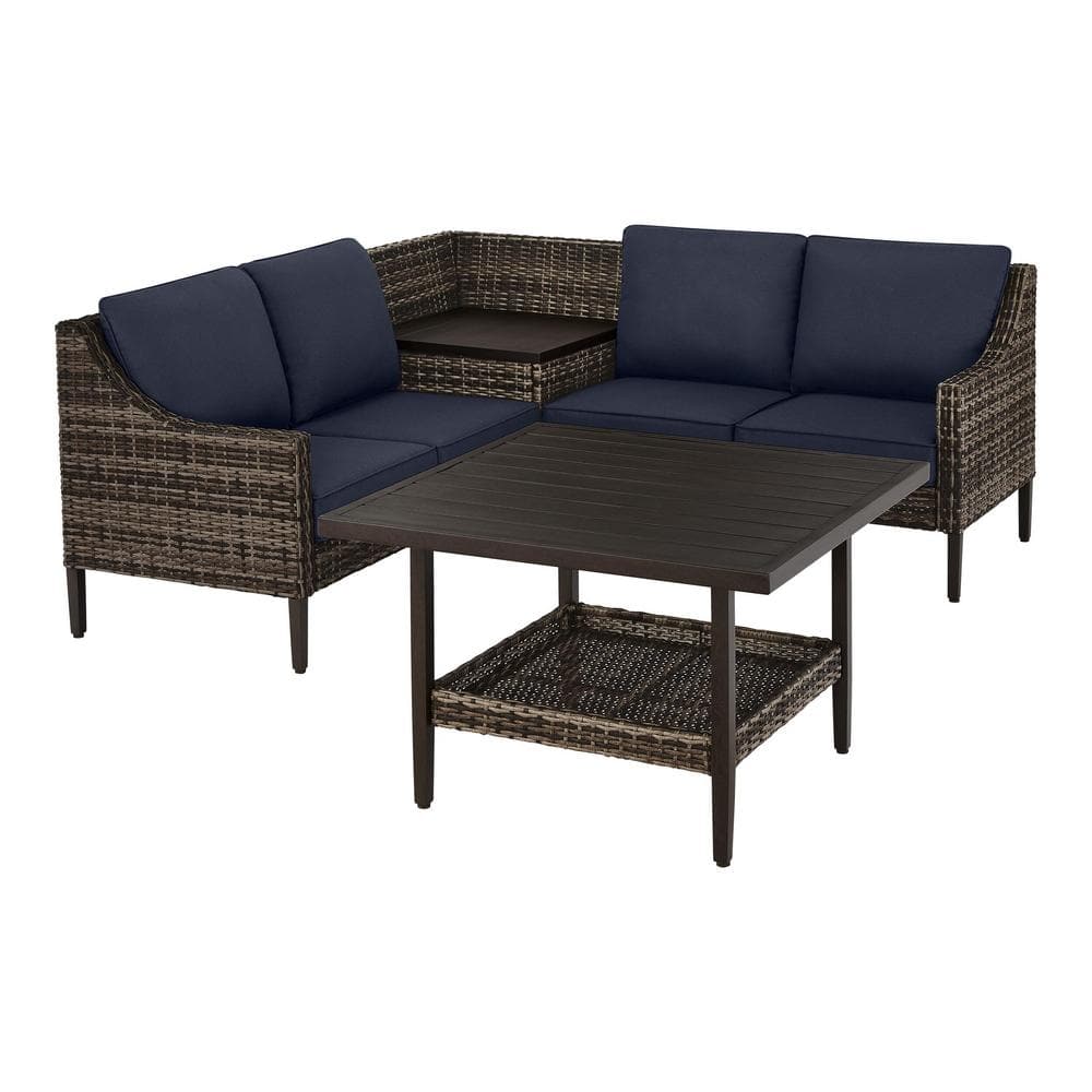 4-Piece Hampton Bay Prestley Park Steel Patio Conversation Sectional Set w/ CushionGuard Midnight Navy Blue Cushions $719 + Free Shipping