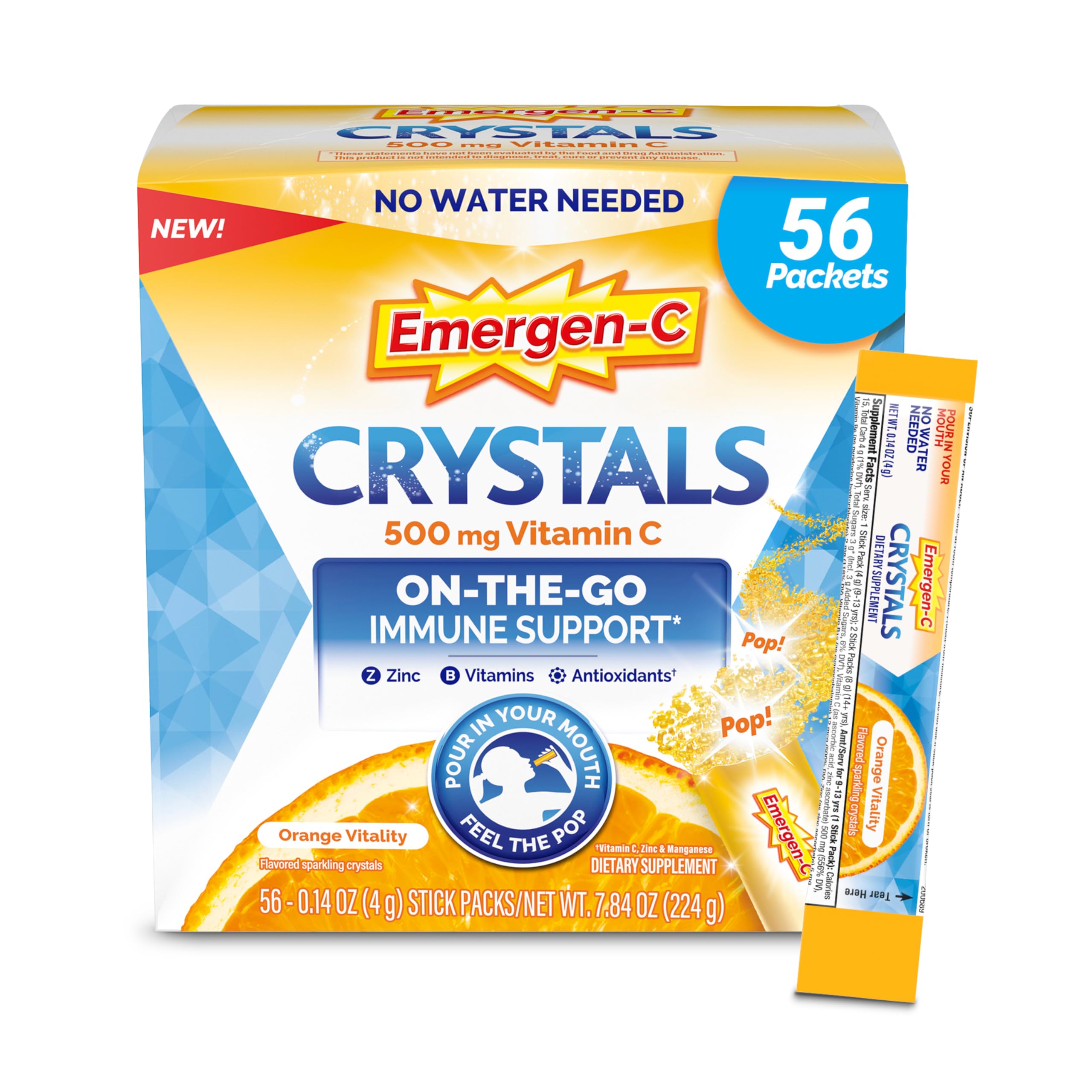 56-Count Emergen-C Crystals On-The-Go Immune Support Supplement Powder Packs (Orange Vitality) $12.42 w/ S&S + Free Shipping w/ Prime or on $35+