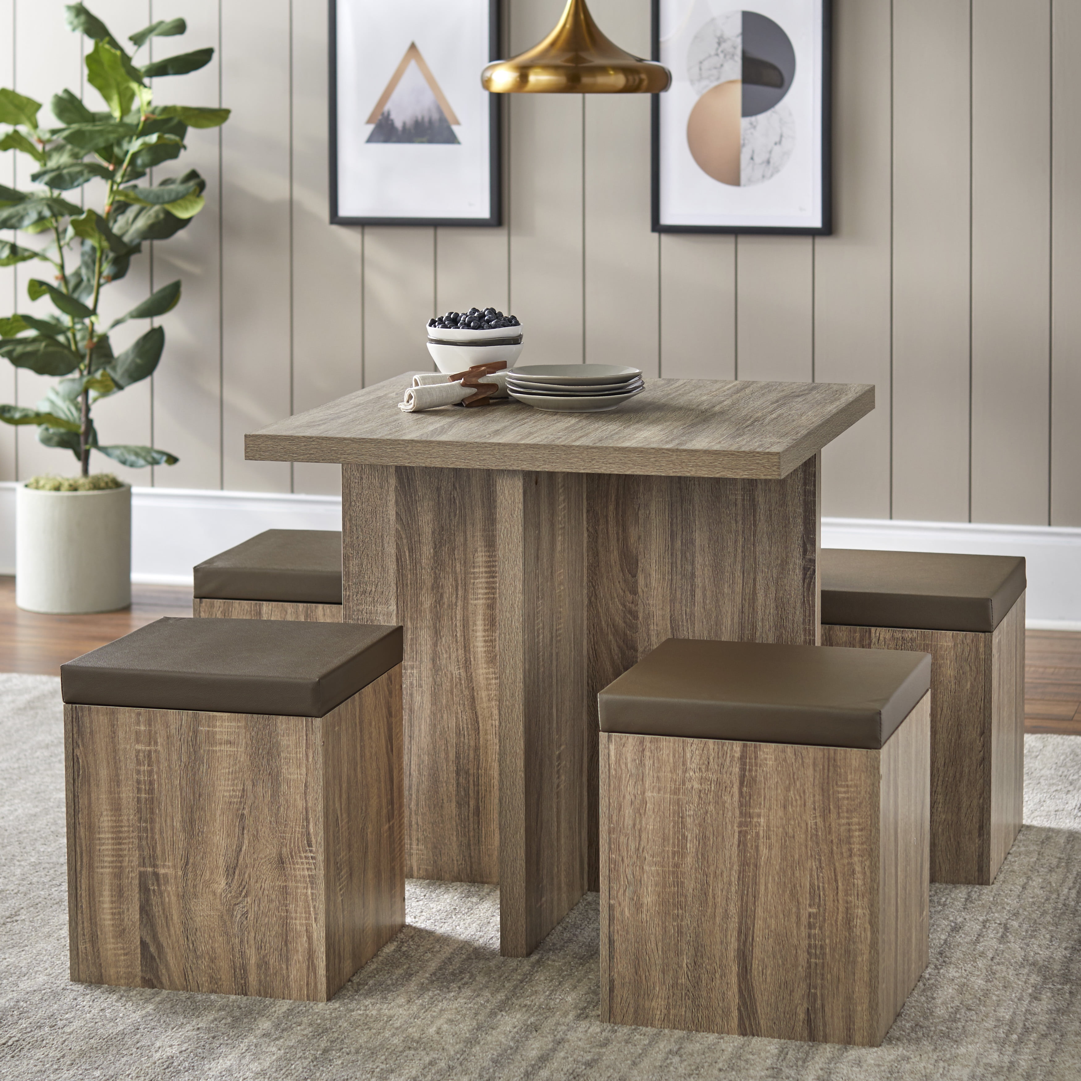 5-Piece Mainstays Dexter Dining Table w/ 4 Storage Ottomans Set (Brown or Gray) $144 + Free Shipping