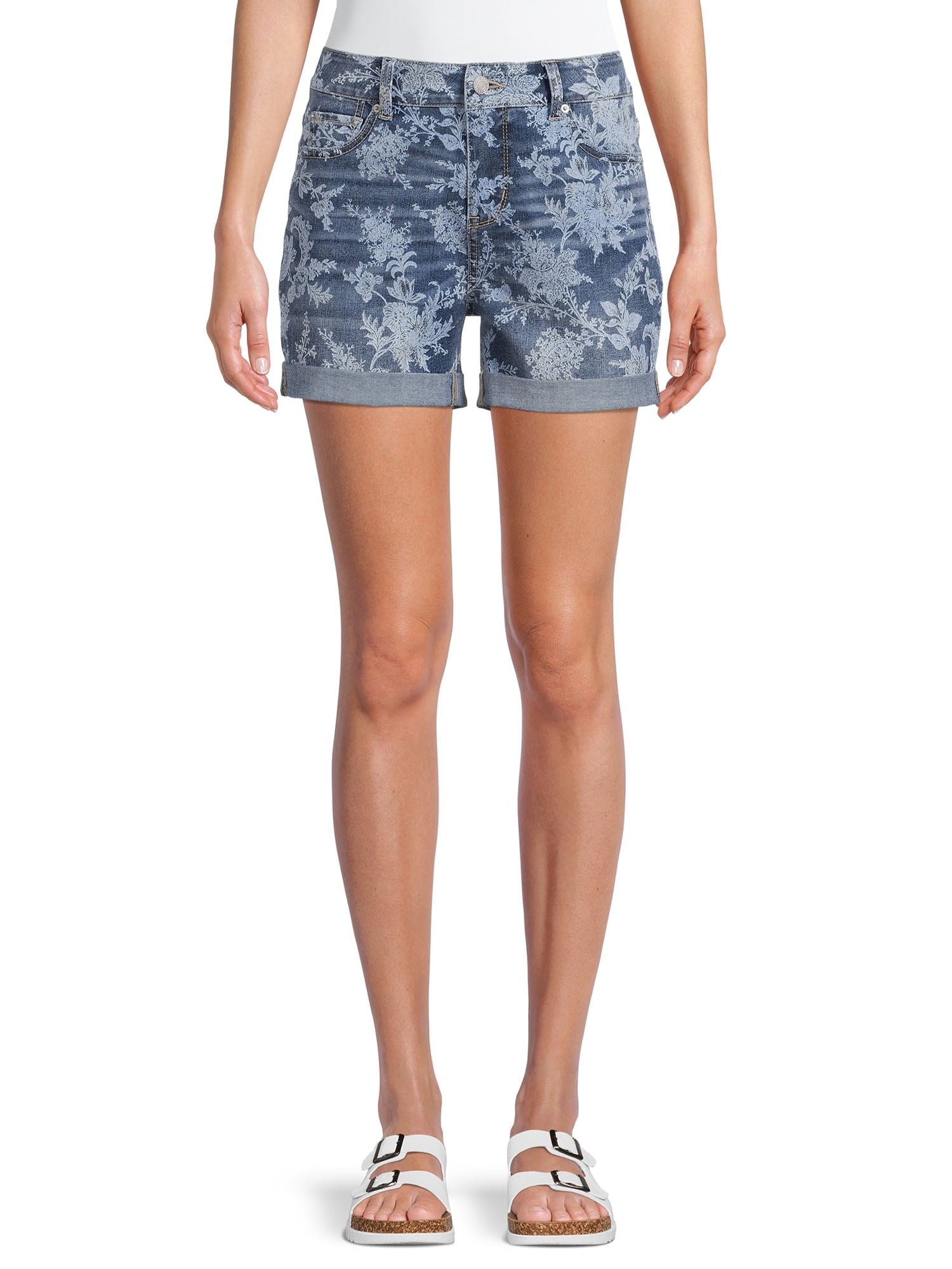 Time and Tru Women's Mid Rise Cuffed 4" Denim Shorts (Blue Floral, Size 2-20) $6.42 + Free Shipping w/ Walmart+ or on $35+