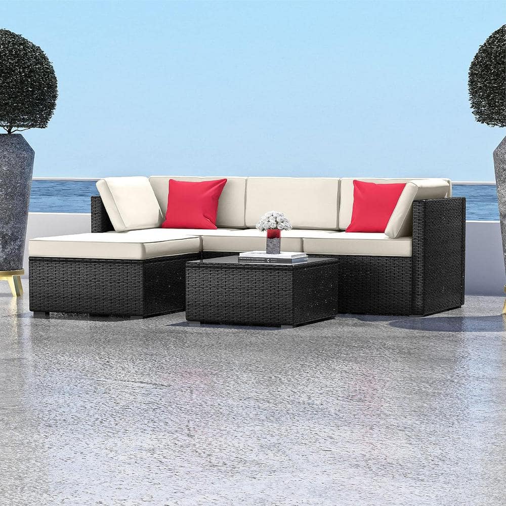 5-Piece Hearth & Harbor Wicker & Steel Patio Furniture Corner Sofa Set w/ Coffee Table (Off White Cushions) $203 + Free Shipping