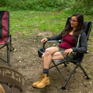 Trail folding high back store chair with head rest