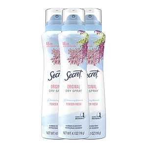 3-Pack 4.1-Oz Secret Women's Dry Spray Antiperspirant & Deodorant (Powder Fresh) $  10.92 w/ S&S + Free Shipping w/ Prime or on $  35+