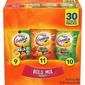 30-Count 0.9oz. Goldfish Bold Mix Baked Snack Crackers (variety pack) .30 w/ Subscribe & Save