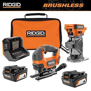 RIDGID 18V Brushless Cordless Jig Saw, Router + 2x 4Ah Batteries Starter Kit 8 + Free Shipping