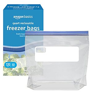 Select Accts: 120-ct Amazon Basics Stand & Fill Freezer Double Zipper Quart Bags $4.70 w/ Subscribe & Save