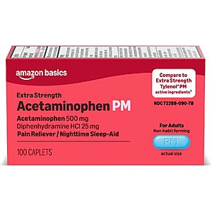 [Prime] 100-Count Amazon Basics Extra Strength Acetaminophen PM Caplets $4.78 w/ S&S + Free Shipping