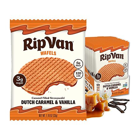 12-Pack Rip Van Wafels Caramel Filled Stroopwafel Snacks (Dutch Caramel) $7.20 & More w/ S&S + Free Shipping w/ Prime or on $35+