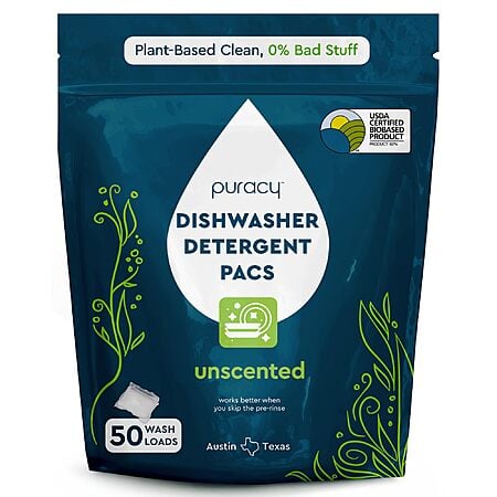 50-Count Puracy Unscented Dishwasher Detergent Pacs (Free & Clear) $11.99 w/ S&S + Free Shipping w/ Prime or on $35+