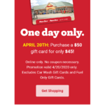 Kwik trip $50 gift card for $45 April 20 only ymmv