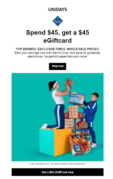 $45 gift card with $45 purchase at Sam’s Club(UNiDAYS)