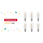 6 pack Amazon Basics 60W Equivalent, Clear, Daylight, Dimmable, 15,000 Hour Lifetime, B11 (E12 Candelabra Base) LED Light Bulb - $4.75
