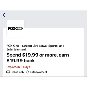 AMEX offer, FOX One, Spend $19.99 or more, earn $19.99 back, YMMV
