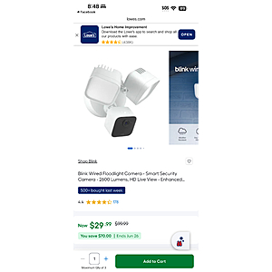 Blink Wired Floodlight Camera - Smart Security Camera - 2600 Lumens, HD Live View - Enhanced Motion Detection - Built-in siren - Works with Alexa $29.99